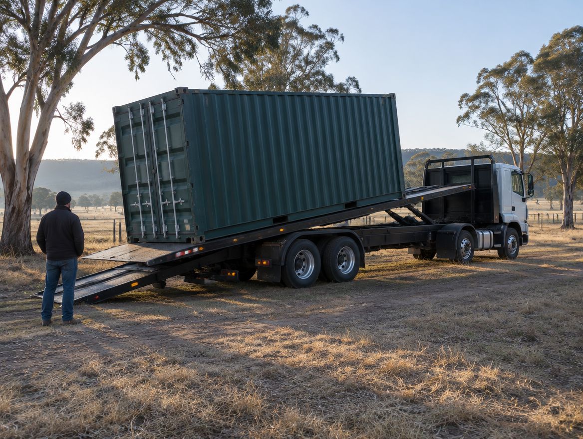 Shipping container being unloaded from a tilt tray in a rural paddock